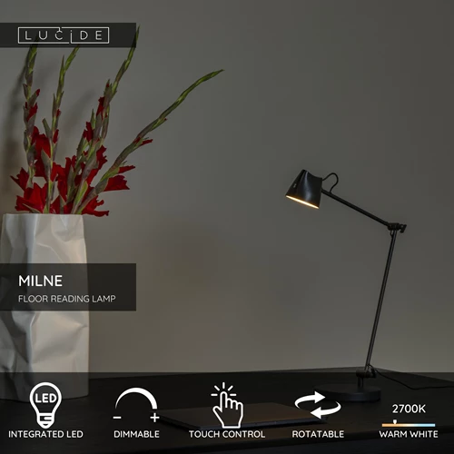 Lucide MILNE - Floor reading lamp - LED Dim. - 1x8W 2700K - Black - USP